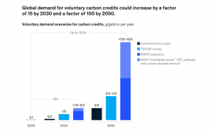 Global demand for voluntary carbon credits could increase by a factory of 15 by 2030 and a factory of 100 by 2050. Voluntary demand scenarios for carbon credits, gigatons per year. 2020: 0.1 2030: 1.0 2050: 3.0-4.0